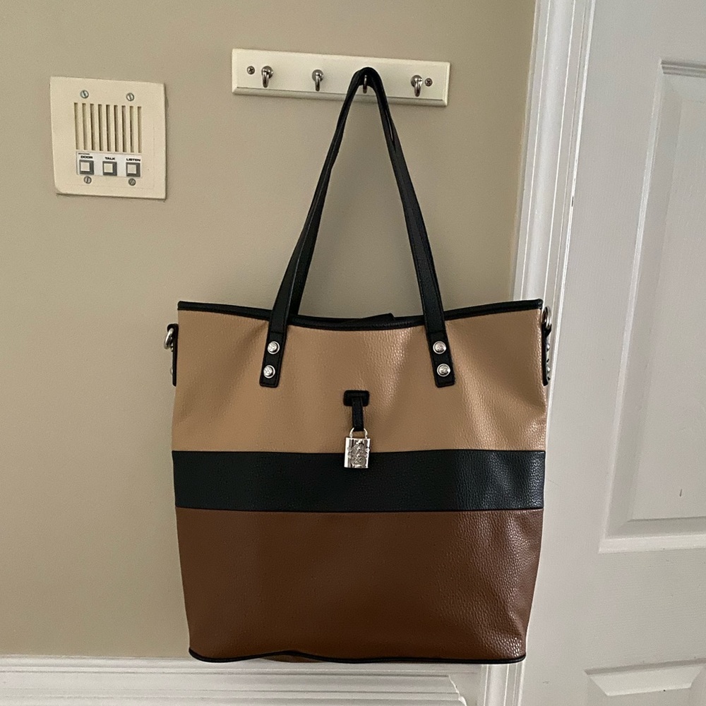 SOLD- Large Beige Brown & Black Tote Bag Laptop Bag